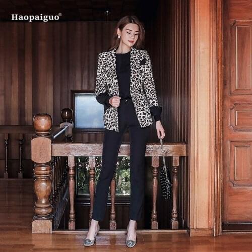 Plus Size Autumn Winter Women Fashion Coats 2018 Leopard Full Sleeve Notched Suit Vintage Work Coat Office Party Blazer Coats
