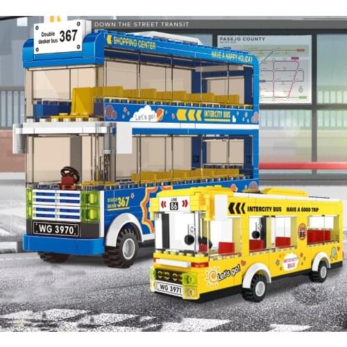 DIY City Double-decker Bus Building Blocks Garage School Intercity Bus Trucks Blocks Set City Friends Assemble Bricks Toys Gifts