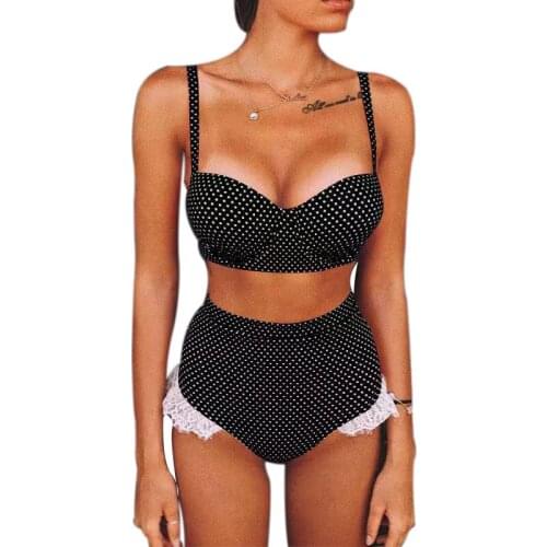 Womens Bikini Swimsuits Sets Sexy Dot Print Padded Top High Waisted Bottoms Swimwear Set Lace High Waist Polka Dot swimsuit