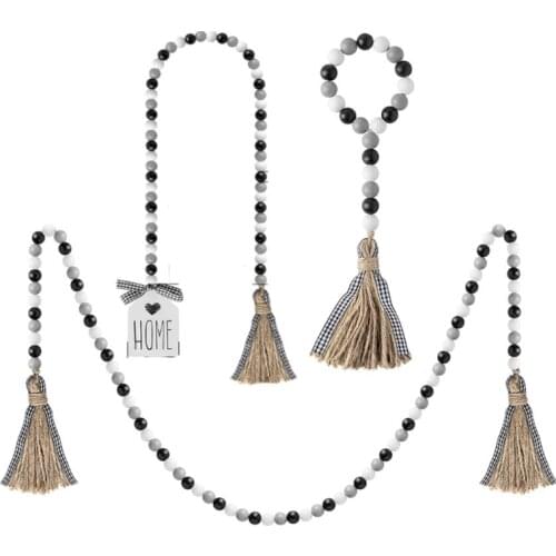 1/3Pcs Wood Bead Garland with Tassels Farmhouse Rustic Holiday Country Tiered Tray Decorations Wall Hanging Decor