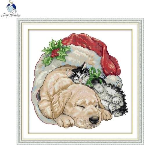 Joy sunday Christmas Cat and Dog Patterns DIY Handmade DMC 14ct 11ct Cross stitch kits Precise Printed Embroidery Needlework