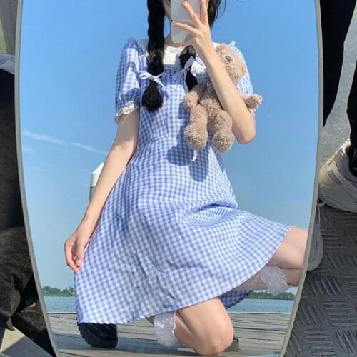 Sweet Soft Girl Lolita Dress 2021 Summer New Cute Bow Plaid Puff Sleeve Dress French Japanese Lace-Up WomenS Dress Clothing