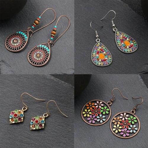 Fashion Bohemian Jewelry Ethnic Swirl Pendant Long Dangle Earrings for Women Vintage Flower Round Earring For Party Piercing