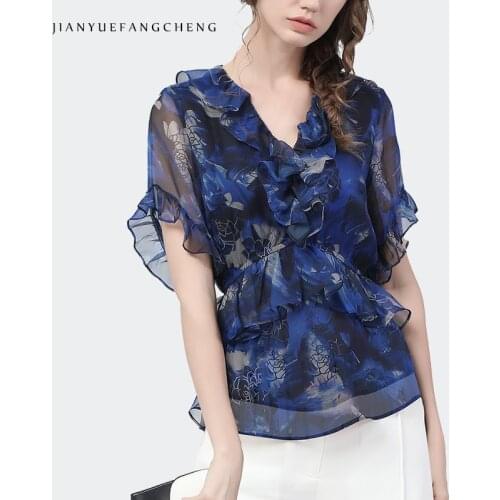 Fashion Blue Chiffon Floral Blouse Women Summer Loose Plus Size Ruffles V-Neck Tops Elastic Waist Short Sleeve New Casual Shirts