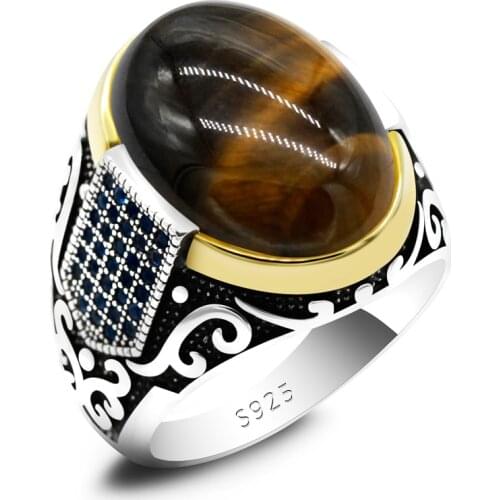 Genuine sterling silver antique Turkish ring with stone tiger eye mens colorful punk rock jewelry