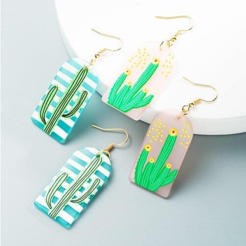 Origin Summer Fashion Green Geometric Arcylic Dangle Earrings for Women Geometric Plant Printing Resin Earrings Jewellery