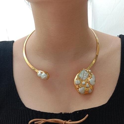 YYGEM natural White Keshi Pearl Yellow Gold color Plated Womens Elegant Collar Polishing Short Choker Necklace