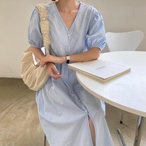 2021 New Women Summer Elegant Long Shirt Dress Sashes V Neck Puff Sleeve A-line Single Breasted Maxi Sundress