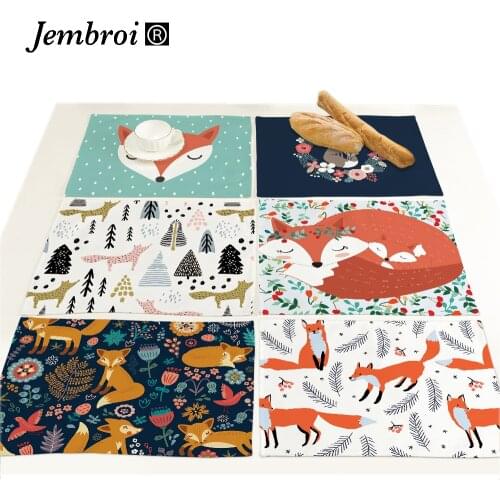 Christmas Drink Coaster Placemats Red Fox Printed Faux Linen Dining Table Mat Pad Coffee Bar kitchen decoration accessories