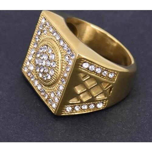 Hip Hop Mens Iced Out CZ Geometric Square Ring 316L Stainless Steel Gold Color Cool Party Male Rings Bling Jewlery Dropshipping