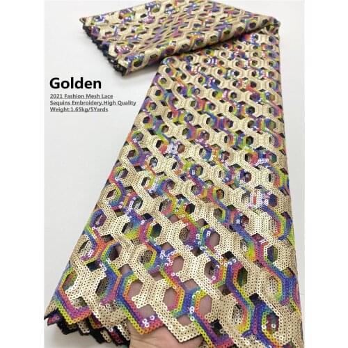 High Quality Mesh Lace New Sequins Lace 2021 Latest Bridal Materials Dresses Gold Fabric Lace for Nigerian Party Wedding 4322B