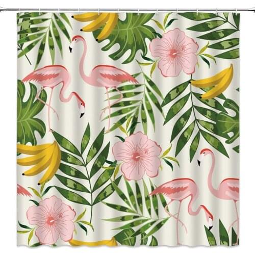 Flamingo Shower Curtains Watercolor Green Leaf Pink Flower Banana Plant Themed Pattern Bathroom Decor Cloth Hanging Curtain Set