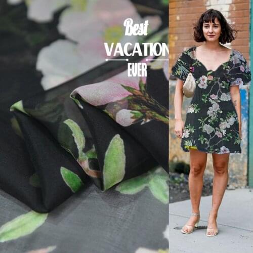 Plant and floral print pure silk chiffon fabric very soft for girls summer dress,SCF171