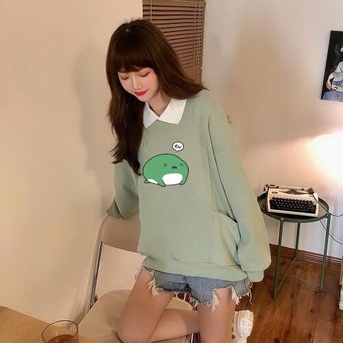 Cute Frog Swearshirt Harajuku Sweet Oversize Hoodie Women Cotton Pullover Loose Turn-down Collar Korean Cute Hoodies for Girls