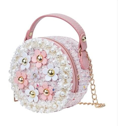 2019 Girl Sweet Mini Handbag with Faux Pearl Flower Shoulder Bag PU Round Fashion Zipper Crossbody Bag