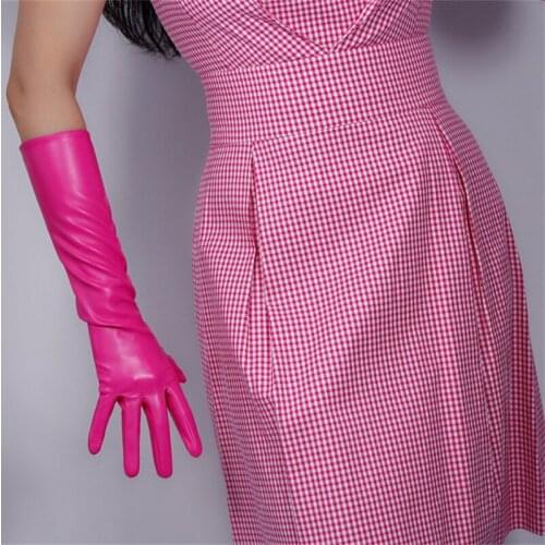 WomenS Long Section Leather Gloves 40cm Simulation Leather Imitation Sheepskin PU Rose Red Deep Pink PUMH40