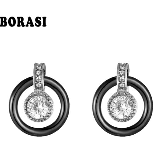 New Hollow Round White Ceramic Earrings Fashion Heart Zircon Stud Earrings Luxury Ceramic Wedding Bridal Earrings For Women