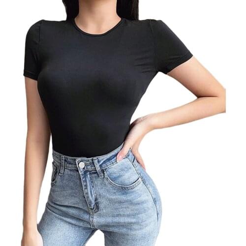 Women Sexy Skinny Jumpsuit Black Short Sleeve Backless Round Collar Casual One-piece S M L