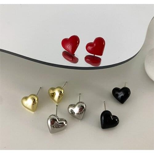 AOMU 2021 New French Vintage Black Red Metal Enamel Love Earrings Smooth Reflective Small Studs Earrings for Women Accessories