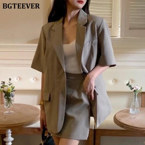 BGTEEVER Fashion 2 Pieces Set Single-breasted Short Sleeve Women Blazer & High Waist A-line Mini Skirt Summer Female Skirt Suits