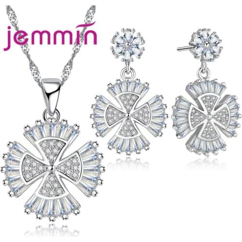 925 Sterling Silver Clover Jewellery Set Fashion White Crystal Pendant Necklace Earrings For Women Wedding Party