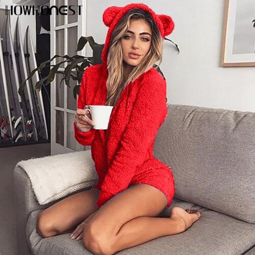 2021 Za Womens Coat Cute Sexy Casual Hooded Rabbit Ear Fleece Women Warm Pajama One-piece Adults Animal Female Jumpsuit Pajamas