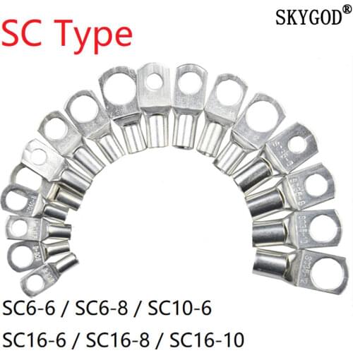 5pcs SC Type Wire Nose Terminal SC6 SC10 SC16 Bare Copper Battery Block Lugs Hole ID 6mm 8mm 10mm Crimp DTGA Cable End Connector