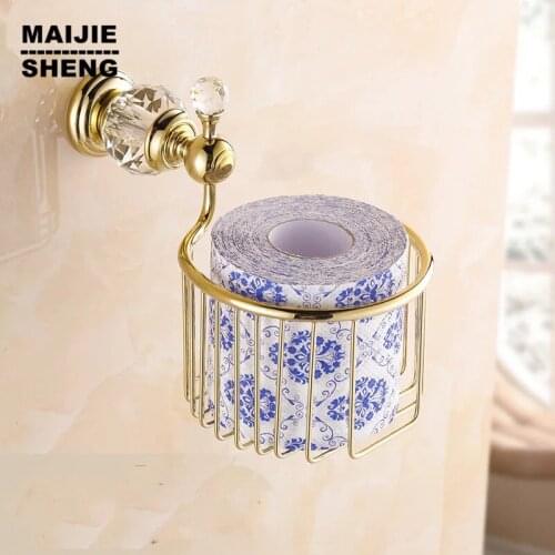 Free shipping golden Crystal Wall Mounted paper holder Bathroom Accessories Paper Holders Bathroom paper Basket shelf