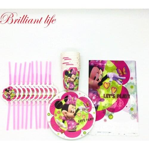 Disney Minnie Mouse Theme 31pcs/lot Cartoon Paper Cup+Plate+Straw Disposable Child Birthday Party Decorations Tablecloth Supply