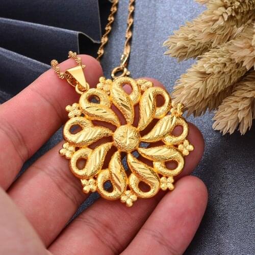 Dubai Gold Color Africa Birthday Party Party Flower Pendant Chain Necklaces Wife Jewelry For Women Men