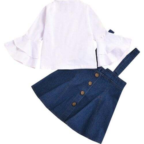 2 Pieces Kids Suit Set, Solid Color Round Neck Long Flare Sleeve Top+ Suspender Skirt, 2-8 Years Spring Autumn Clothing