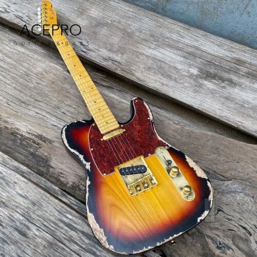 Acepro Ash Body Relic Electric Guitar, Vintage Sunburst Color, Maple Neck Abalone inlays, Gold Hardware, Handmade Aged Guitarra
