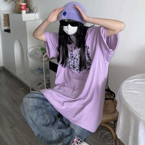 Cotton short-sleeved T-shirt 2021 new Korean trend print oversized T-shirt women BF all-match Flocking printing top streetwear