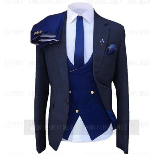 2021New Suits for Men Custom Made Dark Blue Groom Custom Wedding Mens Set Male Blazer Masculino(Jacket+Pant+Vest) 3 Piece
