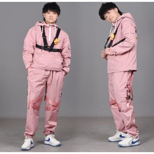 Fashion Hip Hop Cosutme Men Women Tops Pants Loose Casual Pink Outfits DJ Punk Performance Hip Hop Team Customization VDB1687
