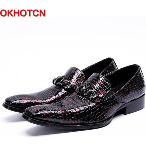 OKHOTCN 2018 New dark red embossed leather mens business shoes the crocodile grain shoes slip-on square toe male party shoes