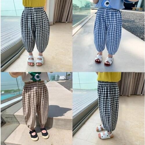 2021 new girls boys plaid long pants cotton summer cool kids pants