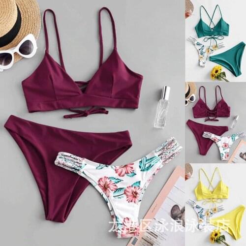 New Sexy Ladies Solid Color Split Floral Thickened Quick-drying Belt Chest Pad Without Steel Support Bikini Set