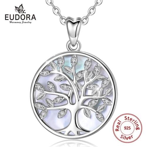EUDORA 925 Sterling Silver Tree Of Life Pendant Crystal Leaf Goddess Mother of Pearl Necklace Fashion Jewelry Gift with Box D170