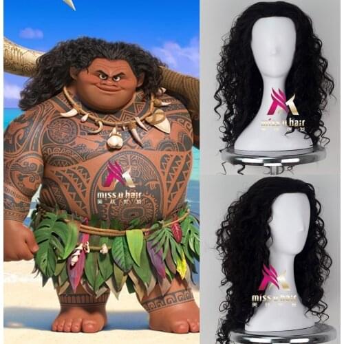 Movie Moana Prince men Maui wig Black Fluffy Long Hair Cosplay Curly Wig with Hair net Maui costumes +wig cap