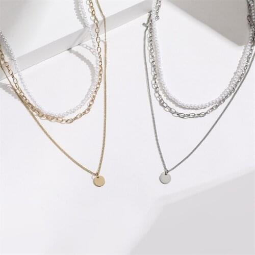 All-match 3-piece Set 2021 New Temperament Women Necklace Fashion Multi-layer Pearl Disc Long Hole Clavicle Chain Romantic Girl
