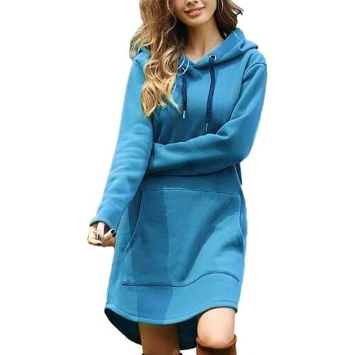 Casual Women Autumn Winter Long Sleeve Pocket Drawstring Loose Hoodie Mini Dress Warm Hoodies Pullover