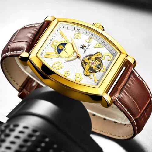 AOKULASIC Luxury Automatic Mechanical Watches Men Moon Phase Skeleton Self Winding Wristwatch Male Clock Leather Man Relogio
