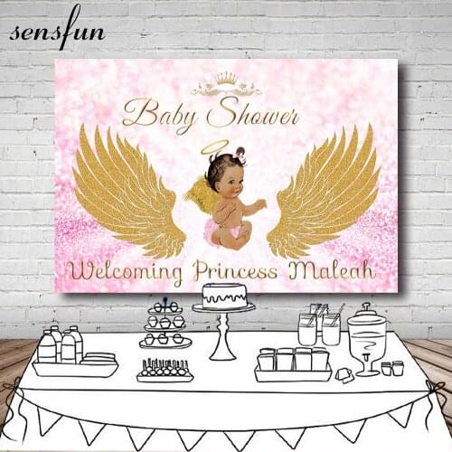 Sensfun Pink Theme Girls Baby Shower Newborn Backdrops For Photo Studio Gold Angel Wings Crown Photography Backgrounds 7x5ft
