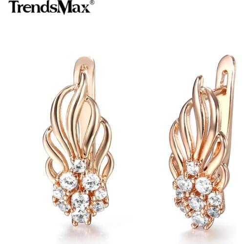 New Fashion Leaf Shaped Studs Earrings For Women Girls 585 Rose Gold Paved Clear Cubic Zirconia Party Wedding Ear Jewelry GEM36