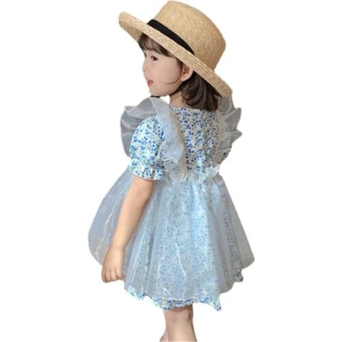 Chiffon Cute Print Dress Age For 2 - 8 Years Little Girls Casual Dresses 2021 New Summer Children Clothes Beach Blue Kids Frocks