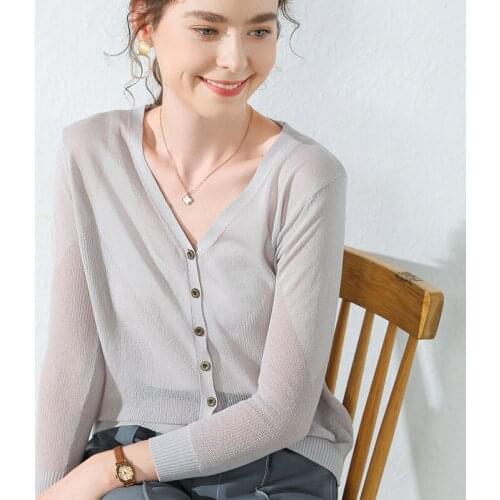 Thin Knitted Women Cardigan Summer New V-Neck Long-Sleeved Solid Casual All Match Female Outwear Coat Tops