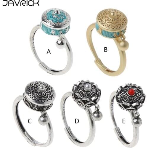Rotating Rings Buddhist Tibetan Prayer Wheel Ring OM Mantra Finger Ring Good Luck Lotus Floral Enamel Rotating Ring Band