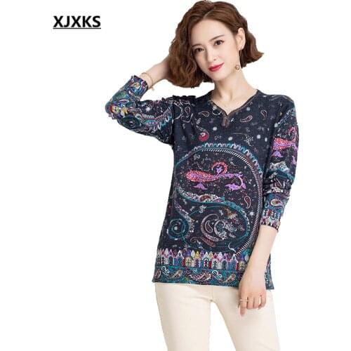 XJXKS High-end comfortable cashmere knitted sweater women pullover 2021 spring autumn new women printed sweater