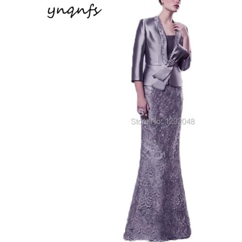 YNQNFS M181 Two Piece Lace Gray Long Mother of the Bride Groom Jacket Dresses 2019 Vestido de Madrinha Dress Party with Sleeves